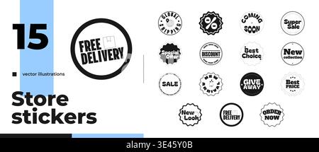 Modern store black and white sticker pack illustration Stock Vector