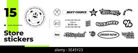 Y2K retro cool sale and promotion store black and white sticker pack Stock Vector