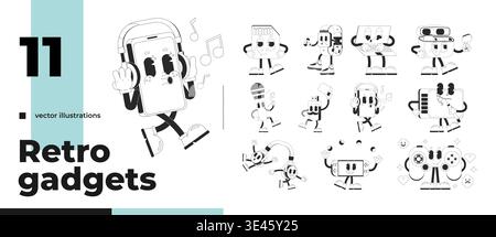 Mobile and entertainment electronics outline groovy mascot characters pack Stock Vector