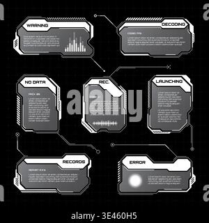 White futuristic HUD, UI elements. Sci-fi user interface text boxes, callouts. Warning message frames, information boxes template. Modern game Stock Vector