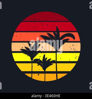 Grunge vintage sunset. Colorful striped sunrise badge in 80s and 90s style. Sun and ocean view, summer vibes, surfing. Design element for print, logo Stock Vector