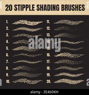 Ink scatter brush, stipple drawing and texturing. Fading gradient. Stippling, dotwork drawing, shading using dots. Halftone disintegration effect Stock Vector