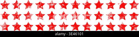 Red vintage stars with cracks and stains. Old hand-drawn sign, black simple shape. Retro design element with distressed effect, grunge texture. Vector Stock Vector