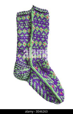 Purple and green wool knit sock isolated on white background Stock Photo