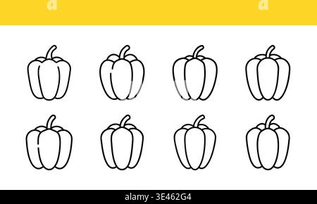 Simple line drawing illustration of eight bell peppers in two rows of four isolated on transparent background Stock Vector