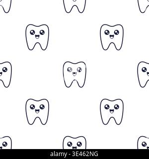 Cute Tooth Cartoon Character seamless pattern. Happy Tooth outline for Children Dental Clinic fabric. Dental Hygiene Concept. Vector Stock Vector
