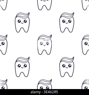 Cute outline Tooth Cartoon Character Illustration with Toothpaste on Top seamless pattern. Happy Tooth for Children Dental Clinic fabric. Dental Hygiene Concept. Vector Stock Vector