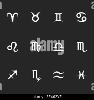 White zodiac symbols arranged neatly against a dark background. Simple clean design, perfect for modern digital projects. Each sign clearly visible wi Stock Vector