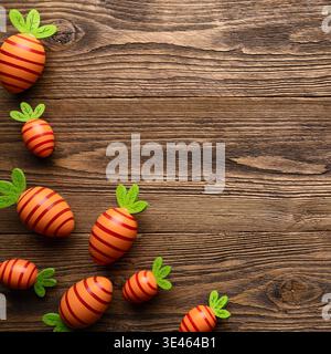 Carrot shaped Easter eggs on rustic wooden background square flat lay copy space Stock Photo