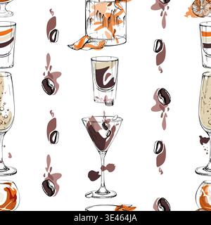 Tea, chocolate, coffee drinks. Minimal brown orange cocktail tile with citrus slices, beans divider lines. Hand drawn seamless vector ink pattern for Stock Vector