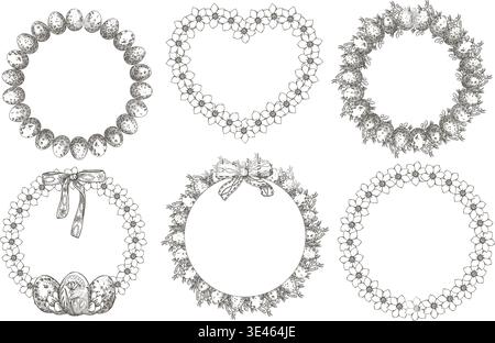 Set of Easter wreath with white flower and egg in vintage sketch style. Hand drawn vector decorative festive design. Outline graphic round and heart floral frame for spring greeting card template. Stock Vector