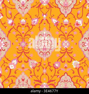Bright Yellow Pink Floral Damask Art Stock Vector