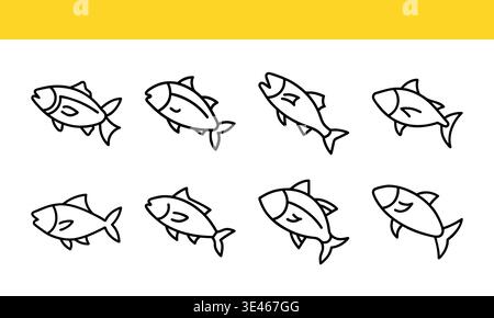 Series of Line-Drawn Fish Illustrations in Various Orientations Stock Vector