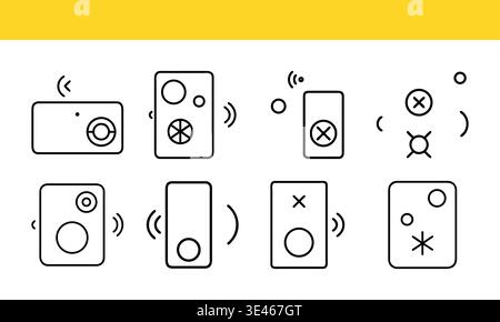 Line-drawn Illustrations of Vibrating Devices and Icons on Yellow Background Stock Vector