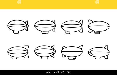 Line-drawn Illustrations of Airships and Zeppelins on Yellow Background Stock Vector