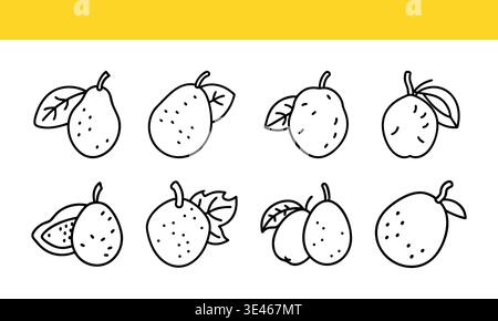 Guava fruit line art icon collection with minimal outline variations. Stock Vector
