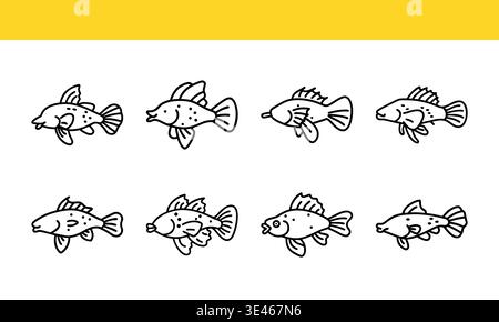 Fish species line art icon collection with minimal outline variations. Stock Vector
