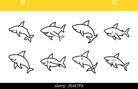 Shark line art icon collection with minimal outline variations. Stock Vector
