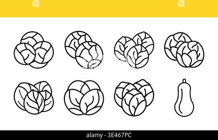 Brussels sprout and vegetable line art icon collection with minimal outline variations. Stock Vector