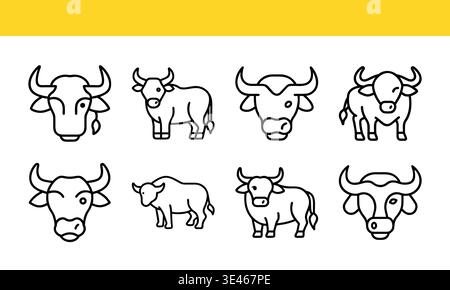 Cow and bull line art icon collection with minimal outline variations. Stock Vector