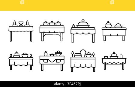 Dining table line art icon collection with minimal outline variations. Stock Vector