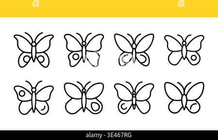 Butterfly line art icon collection with minimal outline variations. Stock Vector