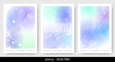 Elegant winter posters set with snowflakes on gradient blue background. Vector realistic illustration of abstract falling ice crystals, soft watercolor backdrop texture, seasonal greeting banners Stock Vector