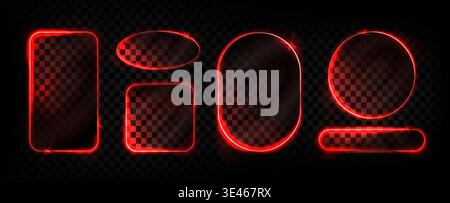 Glass frames set with neon red light effects isolated on transparent background. Vector realistic illustration of oval and round glowing borders, futuristic digital interface elements, gaming screens Stock Vector