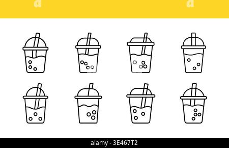 Bubble tea cup line art icon collection with minimal outline variations. Stock Vector
