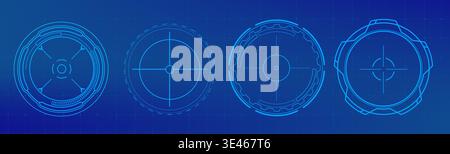 Modern HUD target interface elements set on blue background. Vector realistic illustration of digital tech overlay elements, futuristic military screen design, circular drone focus frames, game ui Stock Vector