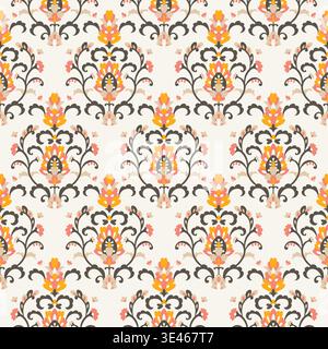Cream Orange Pink Floral Damask Layout Stock Vector