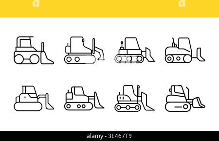 Construction machinery line art icon collection with minimal outline variations. Stock Vector