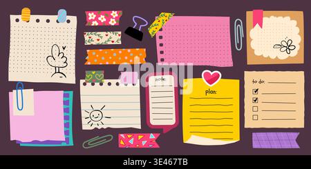 Cute memo notes with funny doodles and color sticky tape isolated on background. Vector cartoon illustration of paper stickers for kids school planner or to do list design, creative scrapbook frames Stock Vector