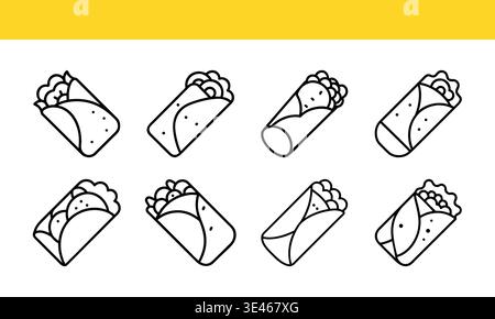 Burrito line art icon collection with minimal outline variations. Stock Vector