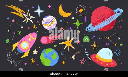 Crayon hand drawn space doodles with planets, alien and rocket, cartoon vector set isolated on black. Childlike cosmic sketches of Earth, moon, and colorful galaxy elements for kids universe designs Stock Vector