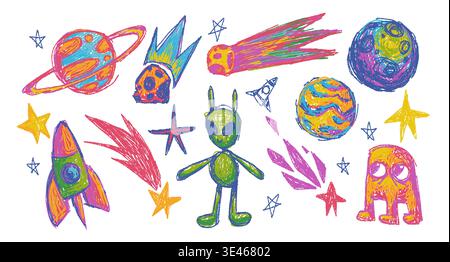 Set of childish crayon space objects and aliens isolated on white background. Vector cartoon illustration of funny chalk Earth, doodle stars, alien creatures and spacecraft, comets with burning tails Stock Vector