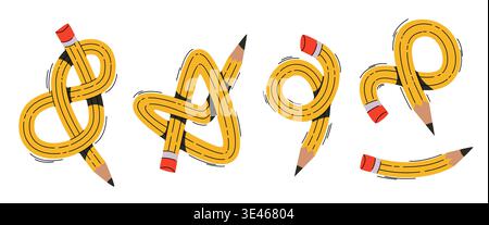 Set of bent pencils isolated on white background. Vector cartoon illustration of flexible stationery tools with flexible shapes, knots, hearts for kid educational banners, whimsical drawing supplies Stock Vector