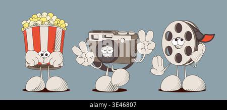 Retro cartoon cinema characters in groovy 90s style, cartoon vector isolated illustrations. Cute movie mascot set of popcorn snack bucket, film reel, and vintage camera, funky comic design Stock Vector