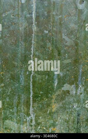 Close up of aged green concrete wall with a central crack and visible stains. Stock Photo