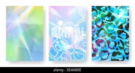 Abstract gradient and leopard pattern set. Vector realistic illustration of vibrant green, pink, blue backgrounds with light and halftone shapes and seamless animal design, modern graphic banners Stock Vector