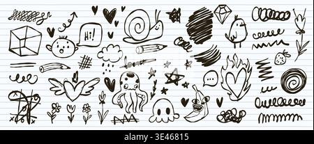 Hand drawn kid doodle icons on notebook page background. Vector illustration of abstract cute sketches on paper, crazy banana, octopus, heart on fire, creative scribble designs for school banner Stock Vector