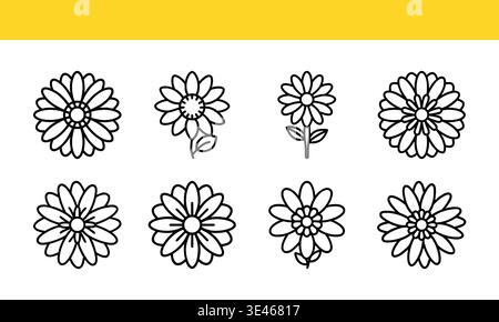 Daisy flower line art icon collection with minimal outline variations. Stock Vector
