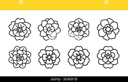 Floral blossom line art icon collection with decorative minimal outline variations. Stock Vector