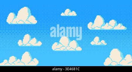 Pixel art sky with fluffy clouds on blue background. Vector illustration of seamless retro pattern for arcade game aesthetic, 8-bit gaming scene, vintage digital design, nostalgic pixelated cloudscape Stock Vector