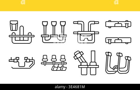 : Plumbing fixtures and pipe fitting line art icon collection with minimal outline variations. Stock Vector