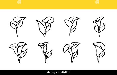 Calla lily flower line art icon collection with elegant minimal outline variations. Stock Vector