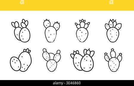 Prickly pear cactus line art icon collection with minimal outline variations. Stock Vector