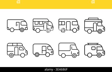 Van and camper line art icon collection with minimal outline variations. Stock Vector