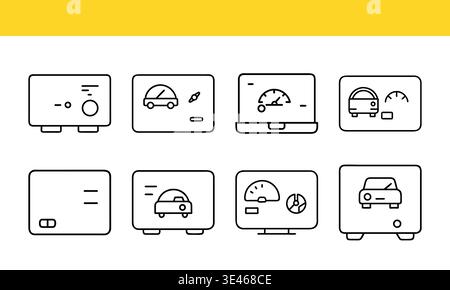 Car dashboard interface line icon collection with vehicle monitor and speedometer display concepts. Stock Vector