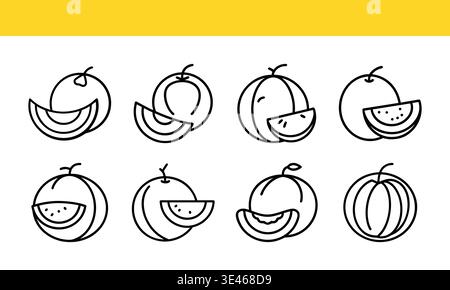 Peach fruit line art icon collection with sliced outline variations. Stock Vector